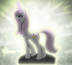 Size: 2527x2278 | Tagged: safe, artist:v-d-k, derpibooru import, fleur-de-lis, backlit, frown, high res, pedestal, plot, raised hoof, sad, solo