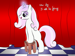 Size: 2681x1988 | Tagged: safe, artist:v-d-k, derpibooru import, fleur-de-lis, blank flank, curtain, fancy, filly, foal, looking down, magic, open mouth, smiling, solo, stage, stool, talking