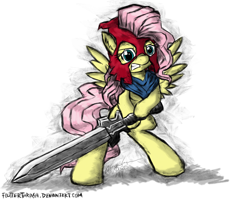 Size: 2432x1938 | Tagged: safe, artist:flutterthrash, fluttershy, pegasus, pony, bipedal, heavy metal, sodom (band), sword