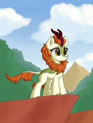 Size: 3000x4000 | Tagged: safe, artist:mercurysparkle, autumn blaze, kirin, sounds of silence, cliff, female, scene interpretation, scenery, smiling, solo