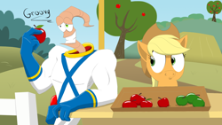 Size: 1600x900 | Tagged: safe, artist:kennymccormix, applejack, earth pony, pony, worm, apple, concession stand, crossover, earthworm jim, super suit