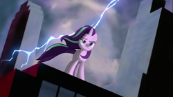 Size: 1200x675 | Tagged: artist needed, safe, edit, starlight glimmer, pony, unicorn, the ending of the end, badass, batman the animated series, female, lightning, mare, skyscraper, solo, starlight glimmer in places she shouldn't be, windswept mane