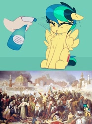 Size: 1068x1434 | Tagged: safe, artist:shinodage, derpibooru import, edit, oc, oc only, oc:apogee, human, pegasus, pony, apogee getting sprayed, bad pony, crusade, deus vult, fine art parody, israel, not salmon, spray bottle, sword, wat, water that makes you want to reclaim the holy land, weapon