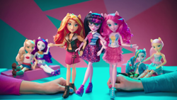 Size: 1920x1080 | Tagged: safe, applejack, fluttershy, pinkie pie, rainbow dash, rarity, sci-twi, sunset shimmer, twilight sparkle, better together, equestria girls, clothes, commercial, doll, glasses, hasbro, hasbro logo, irl, jacket, merchandise, photo, shoes, skirt, toy