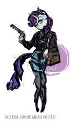 Size: 733x1103 | Tagged: safe, artist:lya, rarity, anthro, unguligrade anthro, clothes, gun, handbag, handgun, jacket, kezsüel, post-apocalyptic, revolver, rolaplaying, skirt, solo, standing, stockings