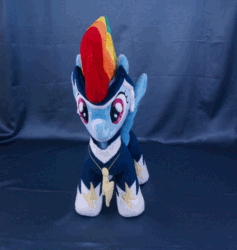 Size: 758x800 | Tagged: safe, artist:adamar44, derpibooru import, rainbow dash, zapp, pony, animated, clothes, costume, gif, irl, perfect loop, photo, plushie, power ponies, rotating, solo, spinning, stop motion