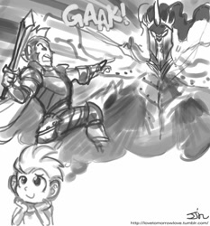 Size: 735x788 | Tagged: safe, artist:johnjoseco, derpibooru import, king sombra, spike, human, daydream, dream, fantasy class, gak, grayscale, humanized, knight, monochrome, older, spike vs sombra, sword, warrior