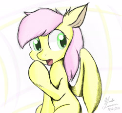 Size: 3000x2777 | Tagged: safe, artist:ando, fluttershy, pegasus, pony, alternate hairstyle, border, colors, cute, floppy ears, light, open mouth, sitting, smiling