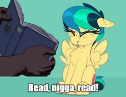 Size: 1302x1000 | Tagged: safe, artist:shinodage, derpibooru import, edit, oc, oc only, oc:apogee, human, pegasus, pony, apogee getting sprayed, book, caption, eyes closed, female, filly, floppy ears, frown, hand, image macro, meme, nigga, sitting, spread wings, sweat, teenager, text, the boondocks, uncle ruckus, vulgar, wings