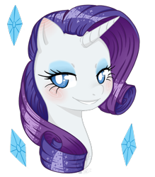 Size: 700x800 | Tagged: safe, artist:hatchet-ears, rarity, pony, unicorn, bedroom eyes, blushing, bust, cutie mark background, eyeshadow, looking at you, makeup, portrait, smiling, solo