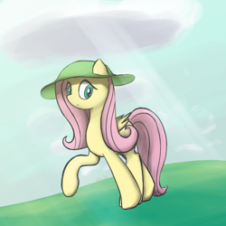 Size: 2000x2000 | Tagged: safe, artist:mang, fluttershy, pegasus, pony, cloud, cloudy, hat, solo