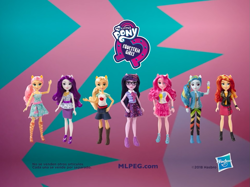 Size: 963x720 | Tagged: safe, applejack, fluttershy, pinkie pie, rainbow dash, rarity, sci-twi, sunset shimmer, twilight sparkle, better together, equestria girls, doll, equestria girls logo, hasbro, hasbro logo, humane five, humane seven, humane six, merchandise, toy