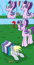 Size: 1600x3000 | Tagged: safe, artist:notadeliciouspotato, derpy hooves, starlight glimmer, pegasus, pony, unicorn, comic, dizzy, duo, female, grass, kite, mare, sky, smiling, surprised