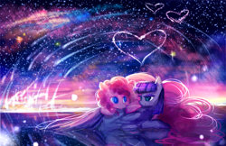 Size: 1280x828 | Tagged: safe, artist:aquagalaxy, maud pie, pinkie pie, earth pony, pony, color porn, cute, eye contact, heart, prone, sky, smiling, stars, valentine, valentine's day