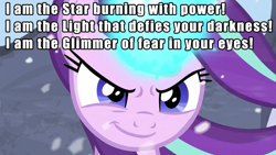 Size: 1280x720 | Tagged: safe, edit, edited screencap, screencap, starlight glimmer, pony, unicorn, the ending of the end, badass, batman, caption, confident, female, fight, glowing horn, horn, image macro, magic, put it on my tab, smiling, smirk, snow, solo, text, windswept mane