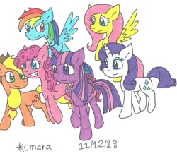 Size: 1361x1203 | Tagged: safe, artist:cmara, derpibooru import, applejack, fluttershy, pinkie pie, rainbow dash, rarity, twilight sparkle, twilight sparkle (alicorn), alicorn, earth pony, pegasus, pony, unicorn, mane six, traditional art