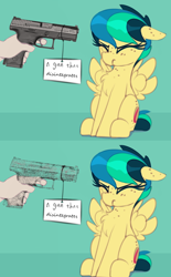 Size: 1000x1614 | Tagged: safe, artist:shinodage, derpibooru import, edit, edited edit, oc, oc only, oc:apogee, pegasus, pony, apogee getting sprayed, chest fluff, disintegration, duck dodgers, edit of an edit of an edit, exactly what it says on the tin, female, filly, gun, handgun, looney tunes, meme, pegasus oc, pistol, puffed chest, scrunchy face, weapon, wings