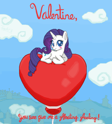 Size: 667x737 | Tagged: safe, artist:tlk-peachii, rarity, pony, unicorn, balloon, balloon sitting, blushing, cloud, floating, heart balloon, looking at you, prone, solo, valentine, valentine's day