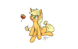 Size: 2200x1400 | Tagged: safe, artist:xcopyen002, applejack, earth pony, pony, apple, happy, hatless, missing accessory, simple background, sitting, solo