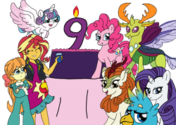 Size: 3730x2661 | Tagged: safe, artist:pokecure123, autumn blaze, gallus, megan williams, pinkie pie, princess flurry heart, rarity, sunset shimmer, thorax, alicorn, changedling, changeling, griffon, kirin, equestria girls, cake, food, happy birthday mlp:fim, king thorax, mlp fim's ninth anniversary