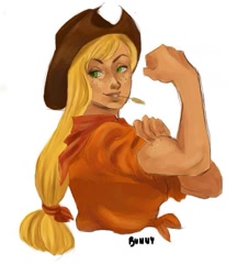 Size: 549x635 | Tagged: safe, artist:bunny, applejack, human, humanized, muscles, parody, rosie the riveter, simple background, solo