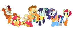 Size: 3252x1466 | Tagged: safe, artist:flipwix, artist:icey-wicey-1517, color edit, derpibooru import, edit, applejack, autumn blaze, coloratura, rarity, strawberry sunrise, torque wrench, earth pony, kirin, pegasus, pony, unicorn, collaboration, alternate hairstyle, apple, apple wrench, applejack gets all the mares, applejack's hat, applerise, autumberry colorarijack, autumberrywrench colorarijack, autumnjack, belt, boots, bow, bracelet, button, choker, clothes, colored, cowboy hat, cute, dress, ear piercing, earring, eyeshadow, female, food, freckles, grin, hair bow, harem, hat, headband, hoodie, jeans, jewelry, lesbian, makeup, mare, missing cutie mark, open mouth, pants, piercing, polyamory, ponytail, rainbow socks, raised hoof, raised leg, rarajack, rarijack, ribbon, shipping, shirt, shoes, simple background, skirt, smiling, socks, stetson, strawberry, striped socks, sweater, transparent background, wall of tags