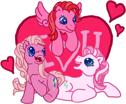 Size: 1266x1044 | Tagged: safe, artist:anscathmarcach, desert rose, heart throb, pinkie pie, pinkie pie (g3), earth pony, pony, g1, g3, pink, simple background, transparent background, valentine's day