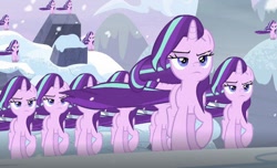 Size: 640x388 | Tagged: safe, edit, edited screencap, screencap, starlight glimmer, pony, unicorn, the ending of the end, multeity, similo duplexis, snow, starlight cluster, starlight glimmer in places she shouldn't be, wind, windswept mane, xk-class end-of-the-world scenario