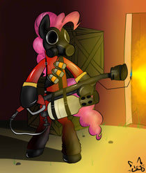 Size: 1024x1220 | Tagged: safe, artist:djbrony00, pinkie pie, earth pony, pony, crossover, flamethrower, pinkie pyro, pyro, solo, team fortress 2, weapon