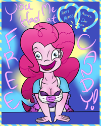 Size: 800x1000 | Tagged: safe, artist:wryte, pinkie pie, equestria girls, big grin, breast squeeze, breasts, cleavage, excited, female, hearts and hooves day, hearts and hooves day cards, humanized, pinkie pies, text