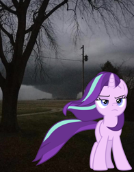 Size: 1242x1587 | Tagged: safe, edit, starlight glimmer, pony, unicorn, the ending of the end, spoiler:s09, badass, female, power line, solo, starlight glimmer in places she shouldn't be, tornado, tree