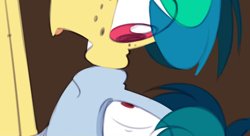 Size: 1246x677 | Tagged: safe, artist:shinodage, derpibooru import, edit, oc, oc:apogee, oc:delta vee, boop, clopfic linked in description, female, filly, freckles, noseboop, surprised