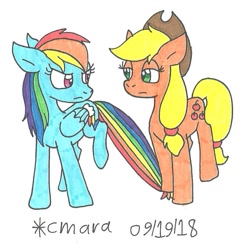 Size: 865x888 | Tagged: safe, artist:cmara, derpibooru import, applejack, rainbow dash, earth pony, pegasus, pony, traditional art