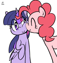 Size: 1100x1200 | Tagged: safe, artist:rwl, derpibooru import, pinkie pie, twilight sparkle, twilight sparkle (alicorn), alicorn, earth pony, pony, boop, cute, eyes closed, female, lesbian, mare, nose wrinkle, nuzzling, raised hoof, shipping, twinkie