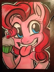 Size: 2448x3264 | Tagged: safe, artist:joshuadraws, pinkie pie, earth pony, pony, cupcake, solo, tongue out, traditional art