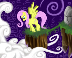 Size: 1280x1024 | Tagged: safe, artist:fantdragon, fluttershy, pegasus, pony, cloud, cloudy, floating island, solo, the stare