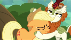 Size: 1280x720 | Tagged: safe, derpibooru import, screencap, applejack, autumn blaze, earth pony, kirin, pony, sounds of silence, out of context