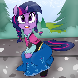 Size: 700x700 | Tagged: safe, artist:jessy, derpibooru import, twilight sparkle, pony, unicorn, alternate hairstyle, anna, clothes, cute, dress, female, frozen (movie), mare, open mouth, sitting, solo, twiabetes