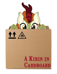 Size: 791x1024 | Tagged: safe, artist:mrkat7214, edit, autumn blaze, kirin, pony, awwtumn blaze, box, cardboard box, cute, fanfic, fanfic art, fanfic cover, female, looking at you, peeking, pony in a box, simple background, solo, underhoof, white background