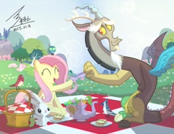 Size: 1100x849 | Tagged: safe, artist:bluse, angel bunny, discord, fluttershy, parasprite, pegasus, pony, female, food, male, picnic, show accurate, straight, tea, teacup