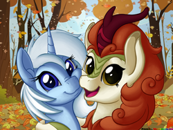 Size: 2500x1875 | Tagged: safe, artist:prismawatercolor, autumn blaze, oc, oc:eula phi, kirin, unicorn, autumn, awwtumn blaze, cheek squish, cute, female, hug, leaves, mare, not trixie, running of the leaves, smiling, squishy cheeks, tree