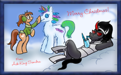 Size: 985x611 | Tagged: safe, artist:wiggles, derpibooru import, king sombra, oc, oc:coffee talk, crystal pony, earth pony, pony, ask king sombra, button, carrot, christmas, earmuffs, holiday, snowpony, tumblr, winter