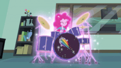 Size: 800x450 | Tagged: safe, screencap, pinkie pie, sunset shimmer, equestria girls, friendship games, the science of magic, animated, balloon, drums, gif, ponied up, sunset the science gal