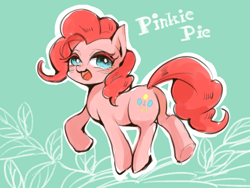 Size: 640x480 | Tagged: safe, artist:wan, pinkie pie, pony, cute, diapinkes, green background, leaf, looking at you, open mouth, simple background, smiling, smiling pinkie pie tolts left, solo