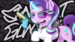 Size: 9000x5051 | Tagged: safe, artist:calveen, starlight glimmer, pony, unicorn, clothes, ear fluff, glasses, glowing horn, gold, gun, handgun, hoodie, horn, levitation, looking at something, magic, open mouth, pistol, solo, tail, teeth, telekinesis, tongue out