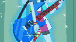 Size: 800x450 | Tagged: safe, screencap, rainbow dash, sunset shimmer, equestria girls, friendship games, the science of magic, animated, electric guitar, gif, guitar, ponied up, splatter, sunset the science gal, taste the rainbow