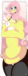 Size: 2000x5300 | Tagged: safe, artist:mili-kat, artist:yummisweets, angel bunny, fluttershy, human, anatomical horror, anatomically incorrect, clothes, crying, disproportionate, humanized, solo, sweatershy, tiny head