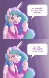 Size: 1280x2038 | Tagged: safe, artist:romanrazor, princess celestia, alicorn, pony, bathrobe, clothes, dialogue, ear piercing, earring, ethereal mane, female, good morning celestia, jewelry, mare, open mouth, piercing, purple background, robe, simple background, solo, speech bubble, tumblr, underhoof