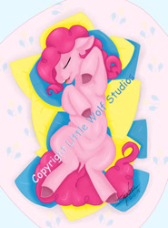 Size: 400x541 | Tagged: safe, artist:littlewolfstudios, pinkie pie, earth pony, pony, belly, nap, open mouth, pillow, sleeping, snooze, solo, teeth, tongue out, watermark