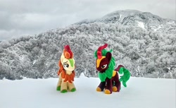 Size: 2048x1256 | Tagged: safe, artist:hihin1993, autumn blaze, cinder glow, summer flare, kirin, forest, hill, irl, japan, photo, plushie, scenery, snow